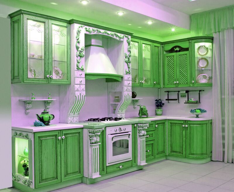 Dapur Dengan Fasad Hijau Hiasan Dalam Warna Komposisi Kemasan Perabot Rak Dalaman Dan Dinding Kabinet Putih A Atas Meja Memotong Dapur Memasak Mesti Menonjol Daripada Skim Warna Keseluruhan